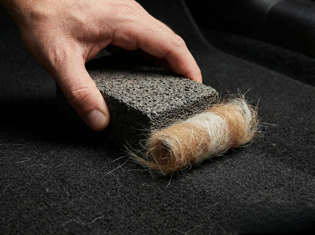 A hand holding a grey Fur-Zoff stone sweeping across a black car trunk liner, creating a pile of collected hair.