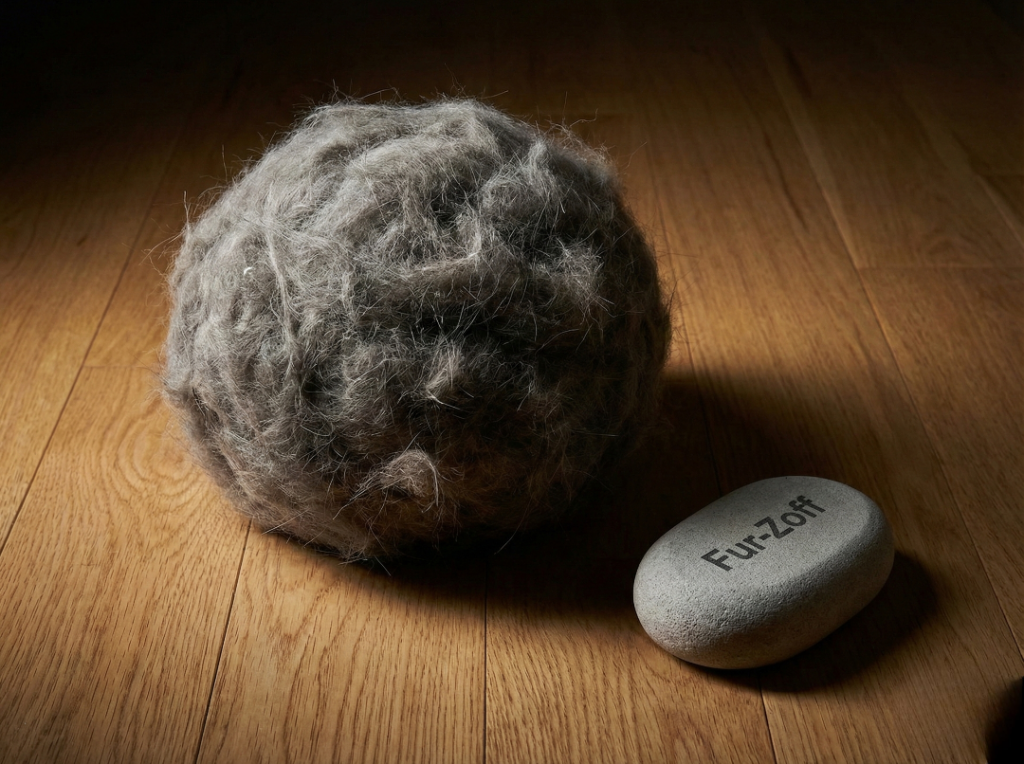 Alt Text: A pile of gray cat hair and dust collected from a cat tree, sitting next to the cleaning tool for scale.