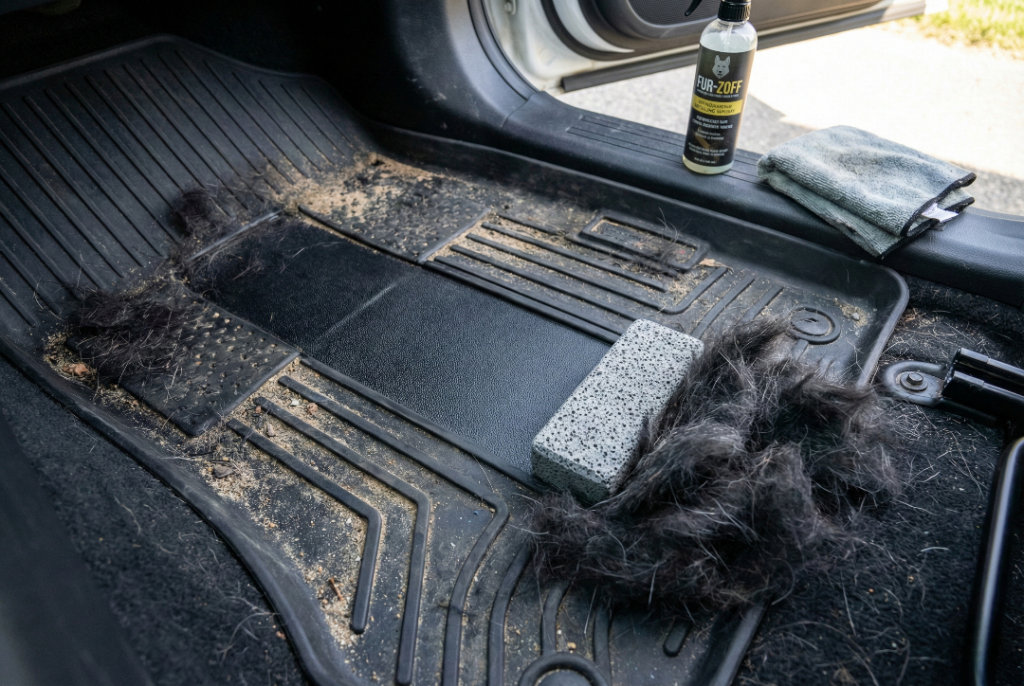 A pile of stiff black dog hairs extracted from a car mat using the Fur-Zoff stone, showing the effectiveness on embedded hair.