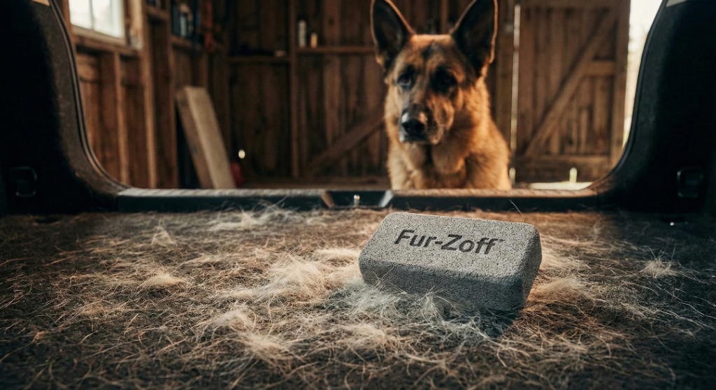 Cinematic photograph in a rustic garage. A grey Fur-Zoff pumice stone sits on a deeply embedded mess of white dog hair in a car trunk carpet.
