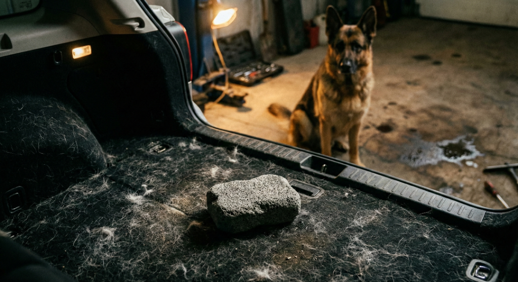 Cinematic photography, garage setting. A close-up shot of a heavily soiled car trunk carpet covered in matted white dog hair. 