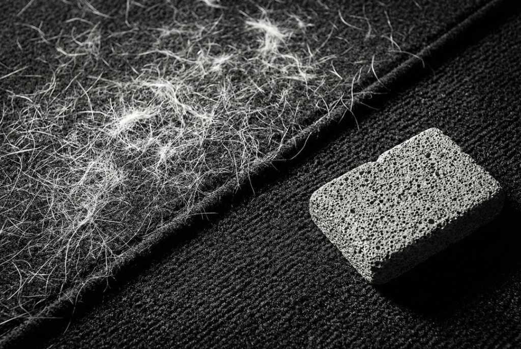 Close up of a car trunk carpet being cleaned, half dirty half clean, with Fur-Zoff stone.