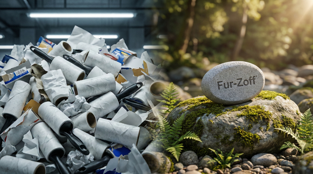 Conceptual comparison showing a mountain of used sticky roller sheets versus a single durable Fur-Zoff stone