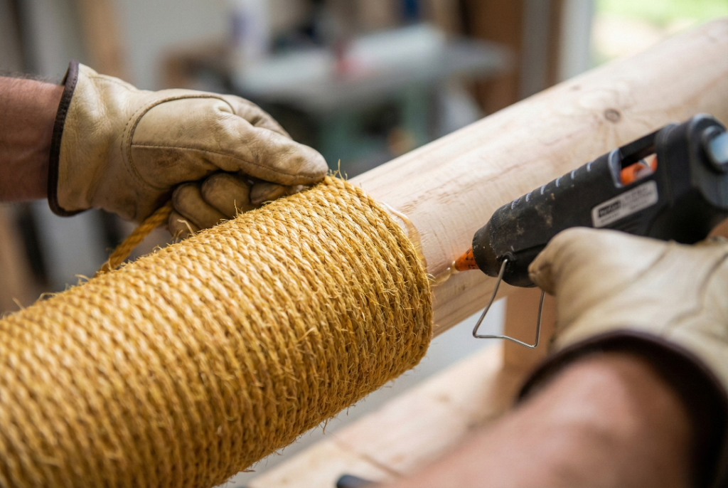DIY repair process of a cat scratching post, showing new sisal rope being applied tightly next to old worn rope.