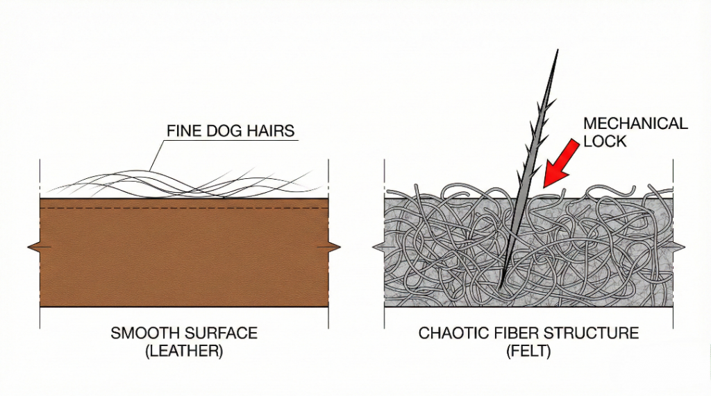 Diagram showing the difference between hair sitting on top of leather vs. hair penetrating felt carpet fibers