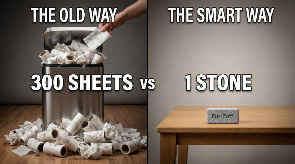 Infographic showing a huge pile of used sticky roller sheets next to a single Fur-Zoff stone, representing waste comparison.