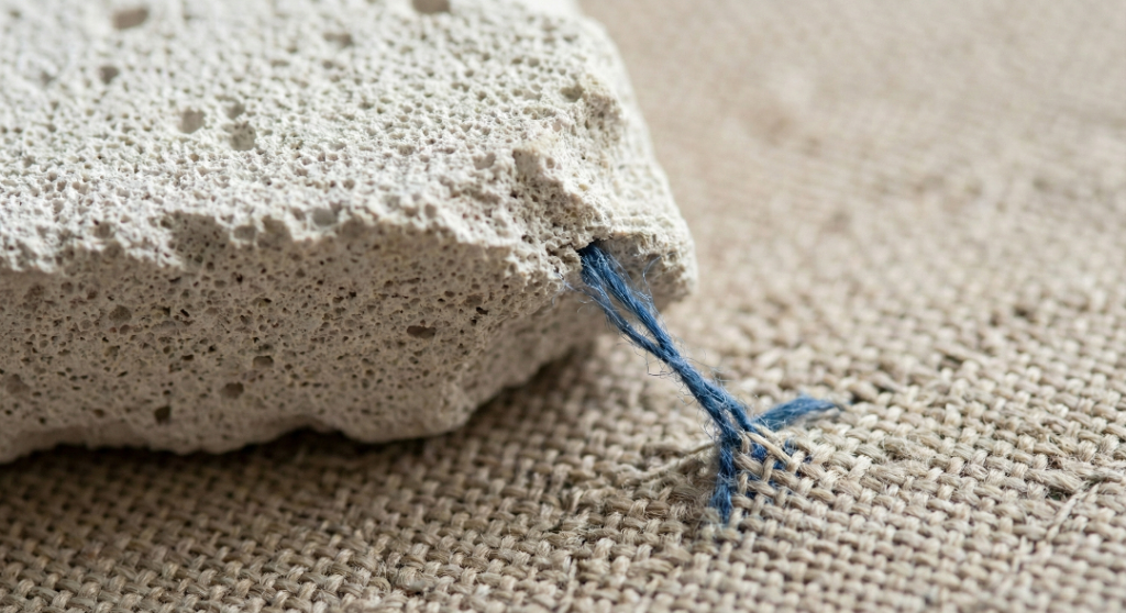 Macro photography of fabric damage. Extreme close-up shows a cheap, irregular, jagged cosmetic pumice stone 