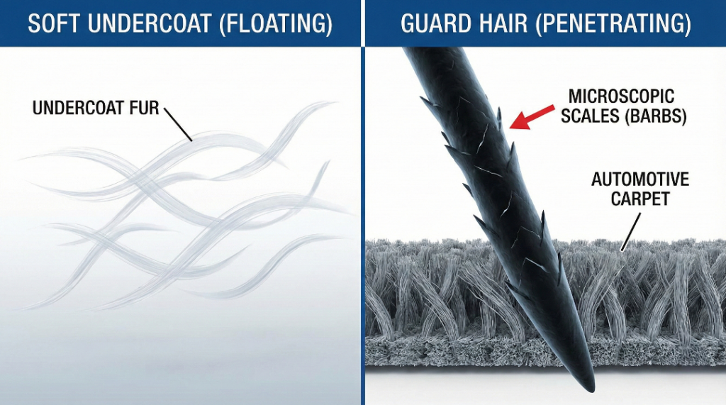 Microscopic comparison showing a soft, crimped undercoat hair next to a thick, spear-like guard hair penetrating a fabric weave.