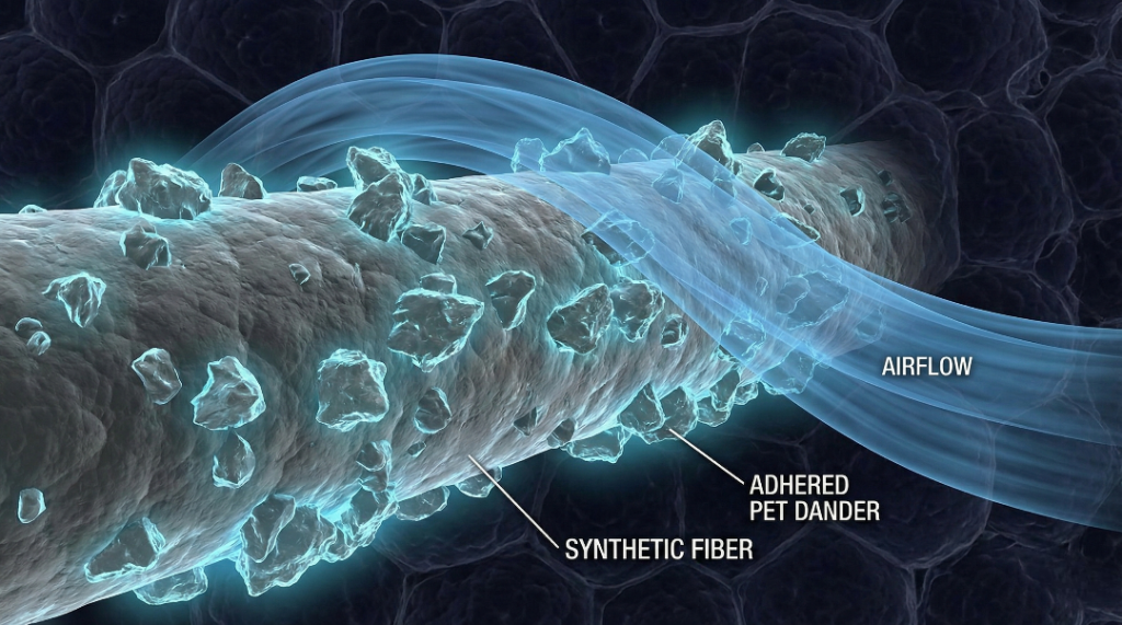Microscopic concept illustration showing jagged dander particles stuck to a carpet fiber, resisting vacuum suction.