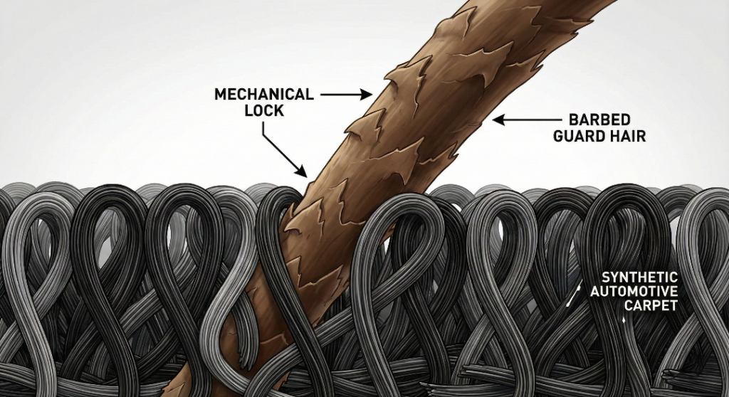 Microscopic cross-section view of black automotive carpet fibers. A thick, rigid dog guard hair is shown penetrating deep through the fiber loops, acting like a barbed harpoon that is mechanically locked in. High detail, scientific illustration style.
