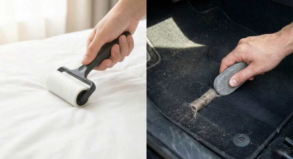 Split screen comparison photo. Left gentle use of a ChomChom roller on clean white bedding in soft light