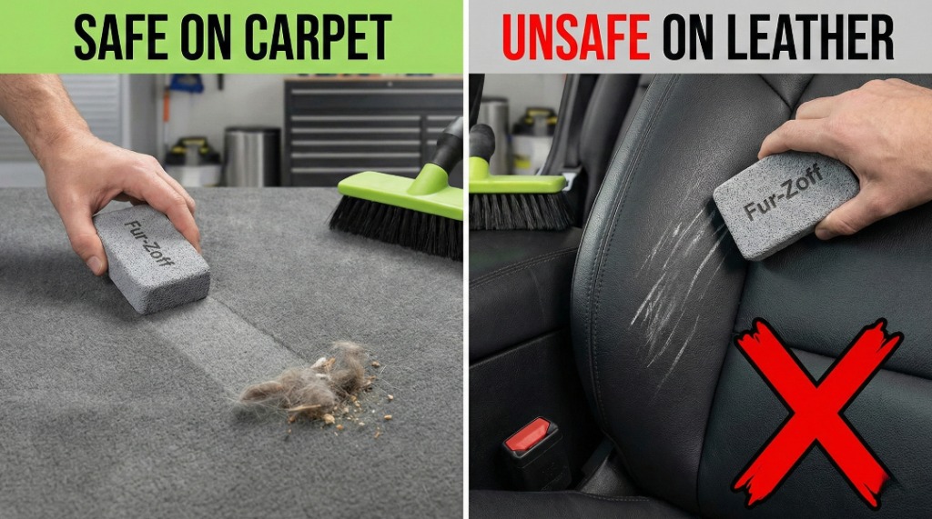Warning diagram showing a stone scratching a leather car seat versus cleaning a carpet.