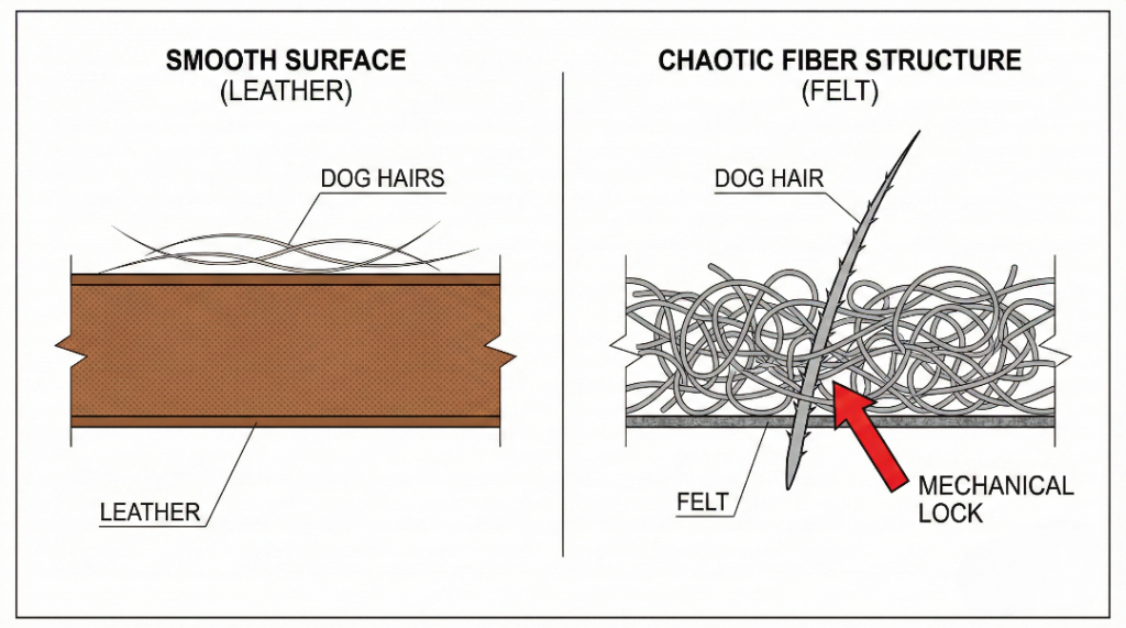 Close-up macro photography showing synthetic car carpet fibers with dog hair interwoven and stuck due to static electricity.