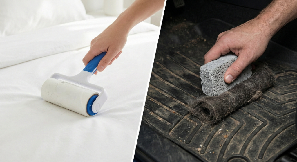 Split screen comparison photography. Left side bright lighting A hand gently using a ChomChom roller on clean white cotton bedsheets